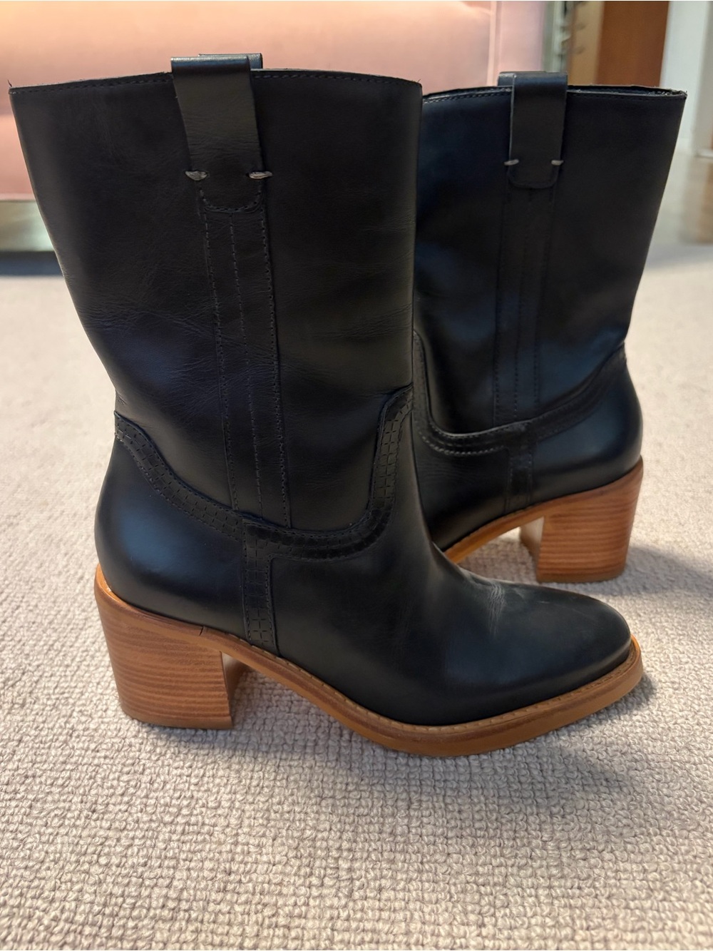 Dolce Vita Black Leather Mid-Calf Heeled Pull-On Boots